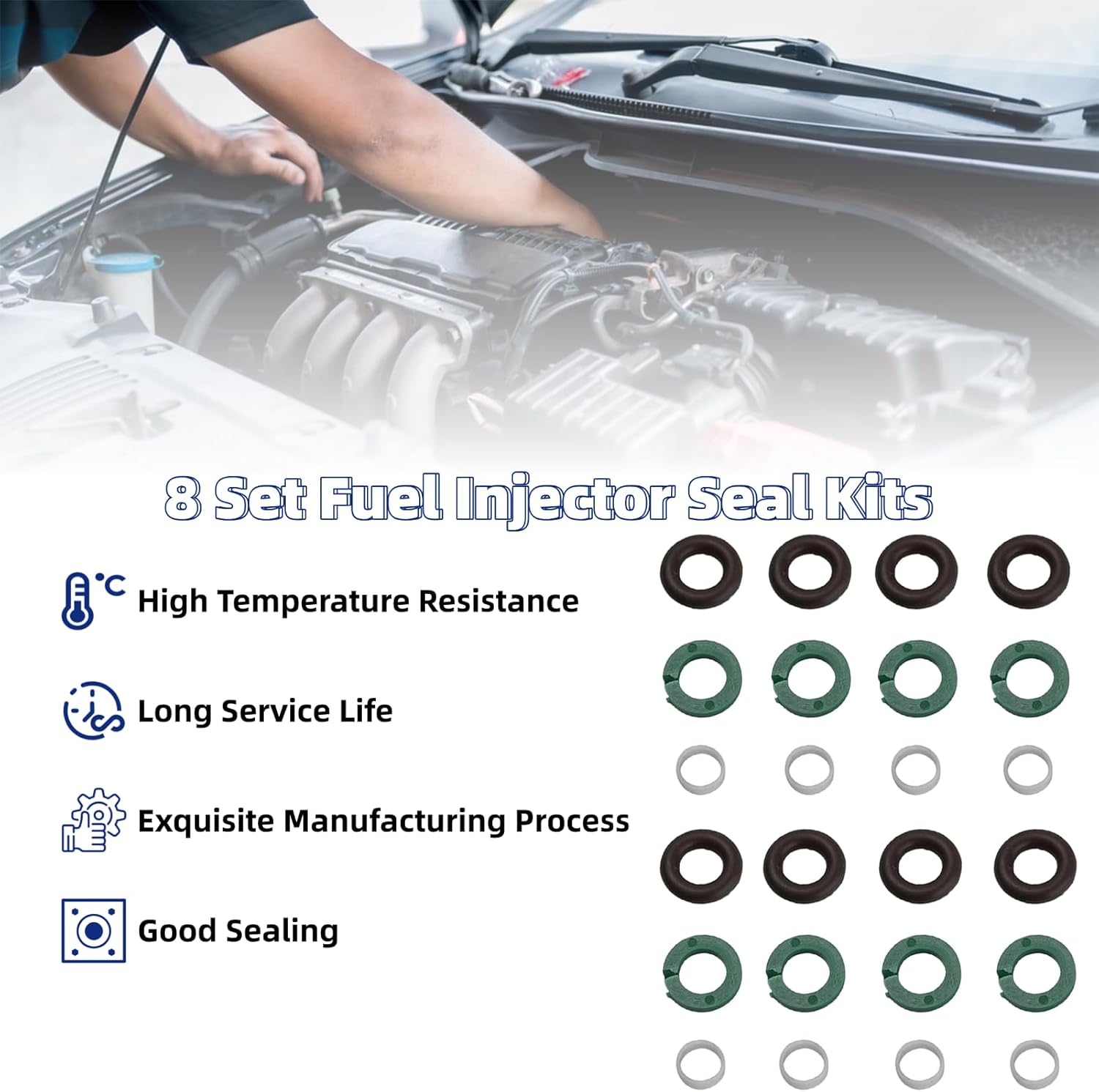 8 Set Fuel Injector Seal Kits Fuel Injector Nozzle O-Rings Fit for Audi S6 S7 A8/S8 R8 RS4 RS5 RS6 RS7 06E998907E 06E998907B