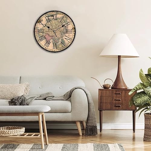 Miniatura 4 de Vrurinss Retro Wood Wall Clock Nautical Theme Wooden Clock World Map Roman Numerals Hanging Clock Non Ticking Battery Operated Explorer Clock Home
