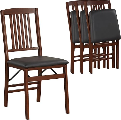 KOTEK Juego de 4 sillas de comedor plegables, sillas de cocina de madera con asiento acolchado y respaldo de listones, sillas laterales plegables