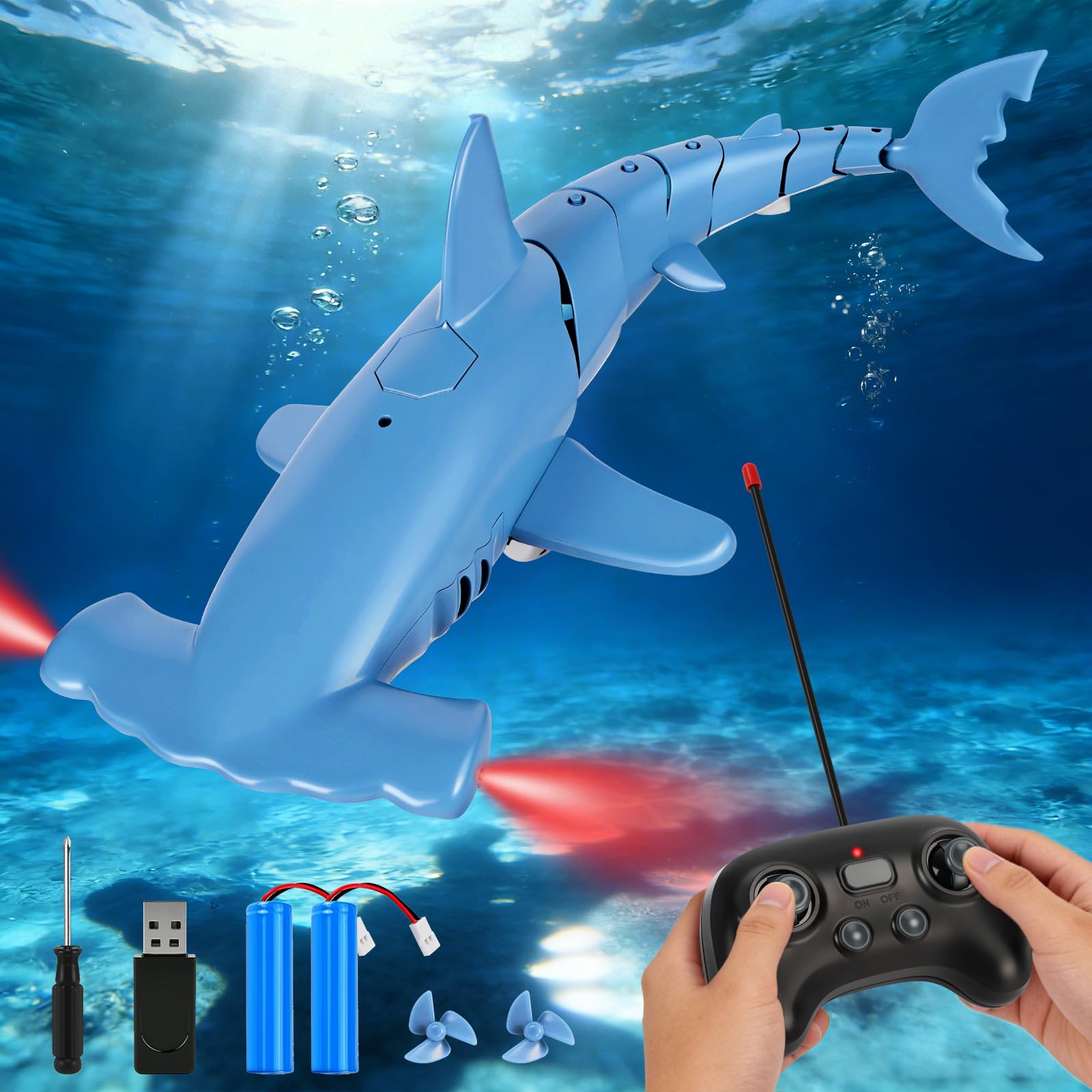 Requin Télécommandé avec Fonction de Plongée, 2.4 GHz RC Requin avec Lumières LED, Jouet Requin sous-Marin pour Piscine et Baignoire, Cadeau pour Enfants 6+ Ans Garçon Fille (Bleu)