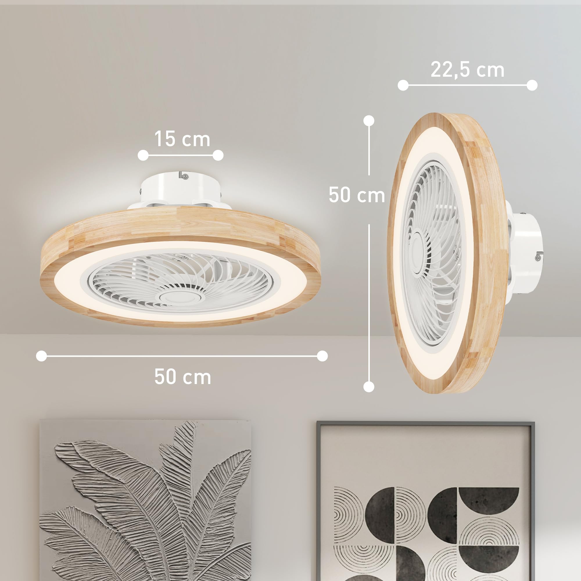 HOMCOM Ventilateur Plafond Réversible LED RGBW 50 cm Effet Bois Naturel
