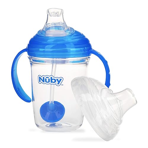 Nuby 360 Grip N Sip - Vaso Tritan de 8 onzas popote con peso con cubierta higiénica color azul