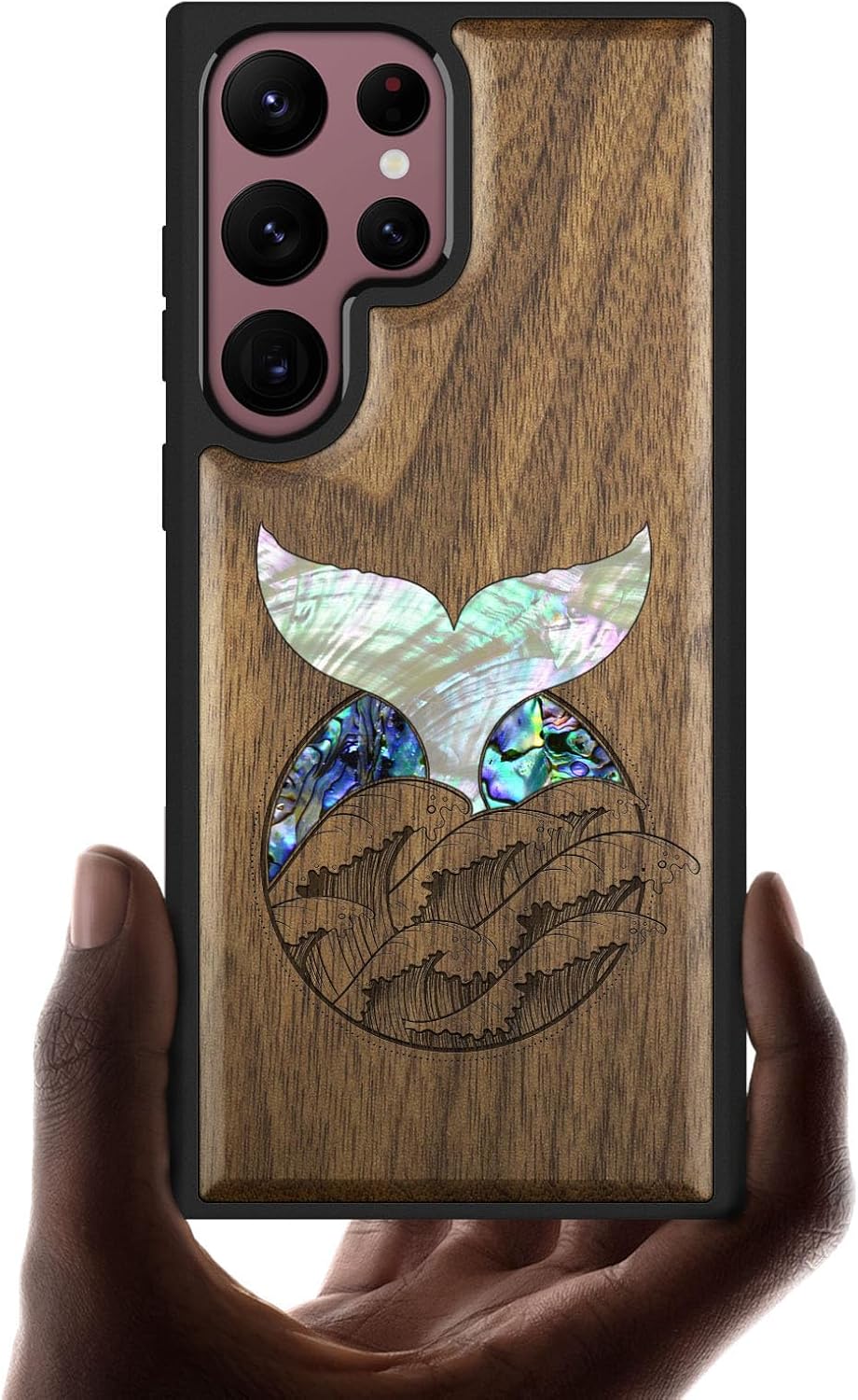 Carveit Designer Wooden Cover for Samsung Galaxy S22 Ultra Case [Wood Engraving & Shell Inlay] Wood Phone Case Compatible with Wireless Chargers Galaxy S22 Ultra (Whale Tail-Rosy)