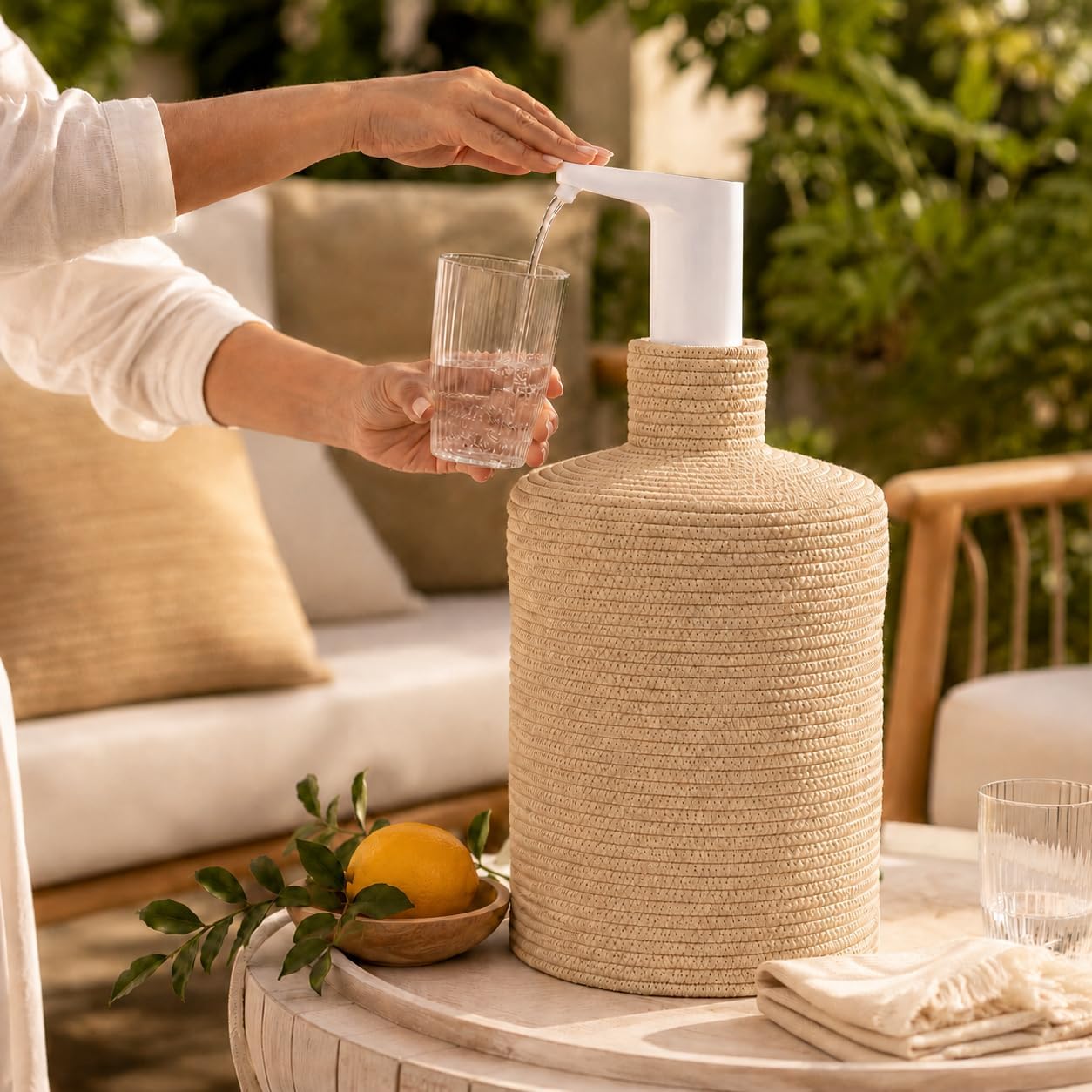 5 Gallon Water Jug Cover, Woven Jute Water Bottle Cover Compatible with USB Electric Water Pumps, Decorative Holder for Water Dispenser Stand and Well Pump, Pump Not Included（Khaki） (Khaki)