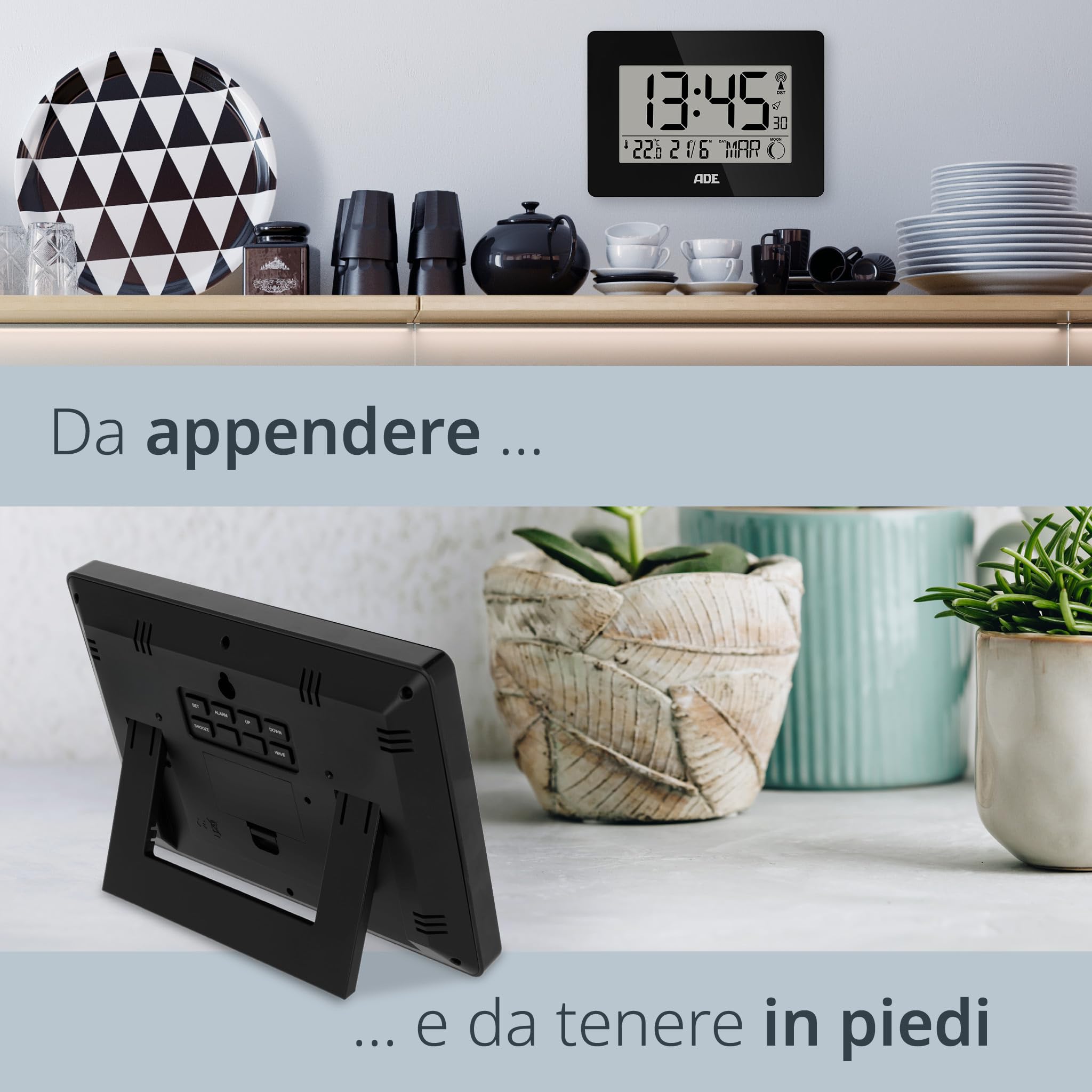 ADE Grande orologio digitale radiocontrollato con cifre XXL | orologio da tavolo e da parete con calendario | con termometro | sveglia radiocontrollata a batteria | nero