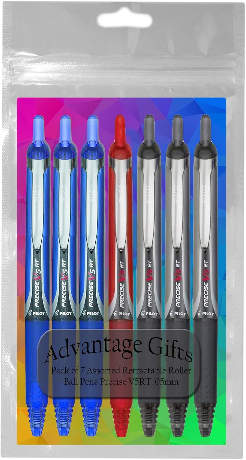 Pilot Precise V5 RT Retractable Rolling Ball Pens, Extra Fine Point (.5mm), Assorted Colors Black/Blue/Red Ink, 7-pk; Premium Comfort Grip, Bundle with Plastic Reusable Pouch
