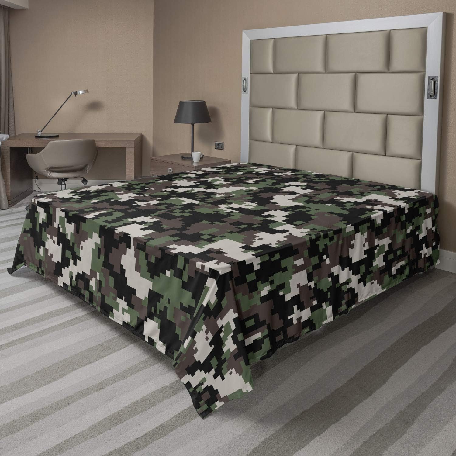 Ambesonne Camo Flat Sheet, Pixelated Pattern Digital Effect Modern Conceptual Camouflage Texture, Soft Comfortable Top Sheet Decorative Bedding 1 Piece, Queen Size, Green Beige