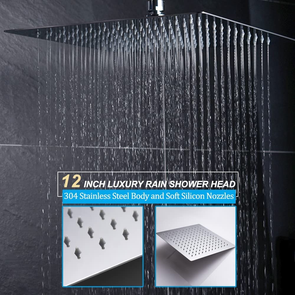 AYIVG Sistema de ducha de lluvia de montaje en techo de 12 pulgadas con chorros de cuerpo de flujo ajustable, visualización de temperatura, sistema de chorros de ducha múltiple, botón desviador, grifo