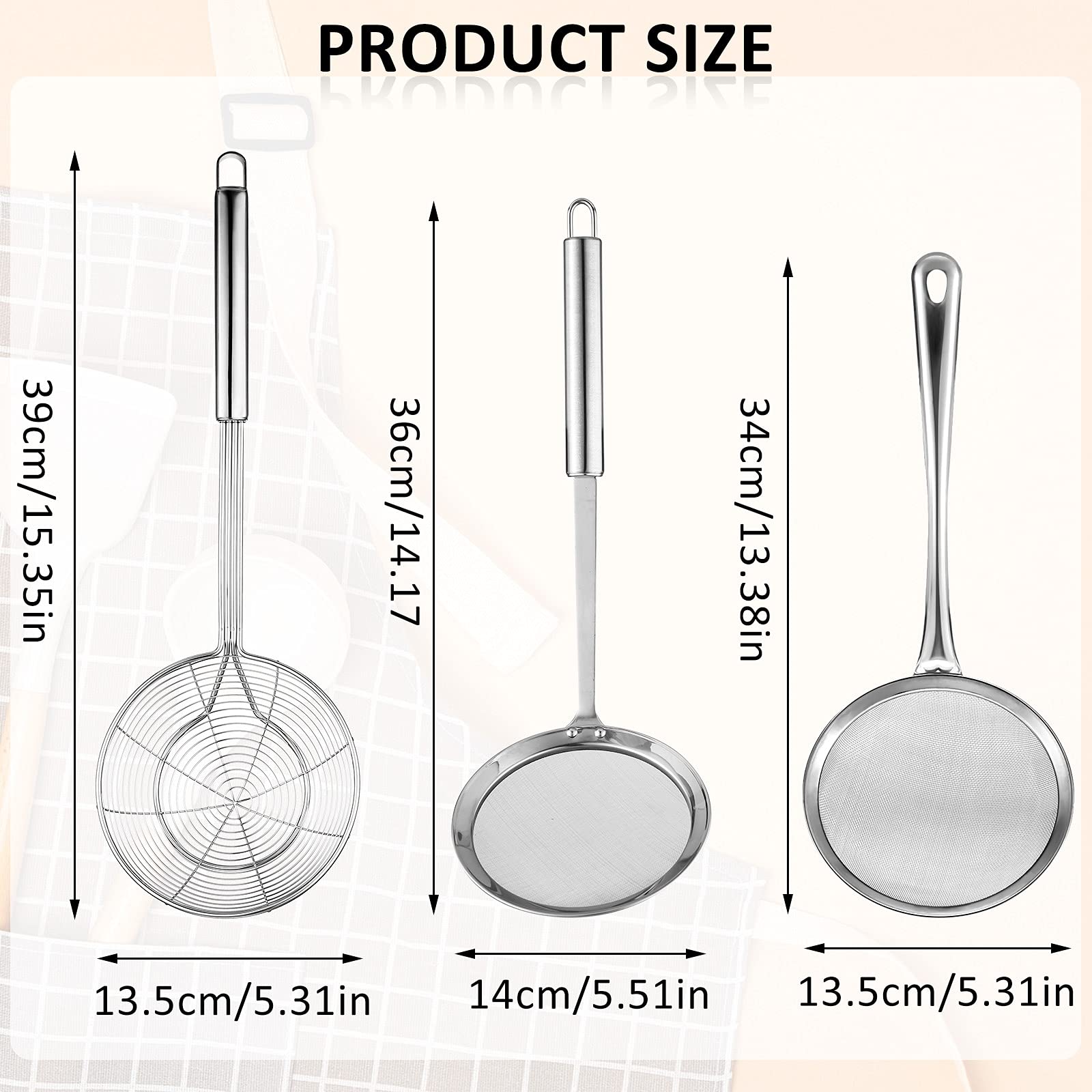 Shappy 3 Pieces Spider Strainer Skimmer Spoon Set, Stainless Steel Mesh Strainer with Handle Wire Mesh Colander, Hot Pot Fat Skimmer Spoon, Fine Mesh Food Strainer for Cooking, Skimming (5.5 Inch)