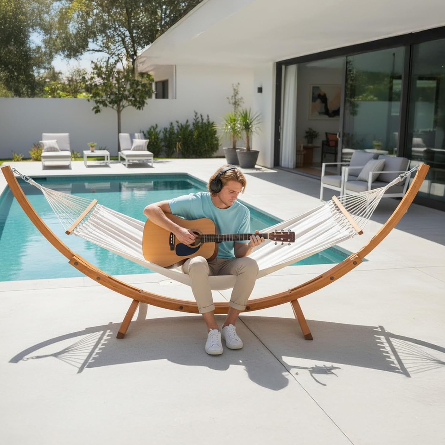 ONCLOUD Hammock Wood Arc Stand with Double Hammock, Hammock with Stand for Outside, Natural Wooden Stand, 330LBS (10.5 ft)