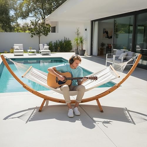 Miniatura 7 de ONCLOUD Juego de hamaca doble premium con soporte curvado de madera dura, sistema de relajación al aire libre de 10.5 pies (capacidad de 400 libras)