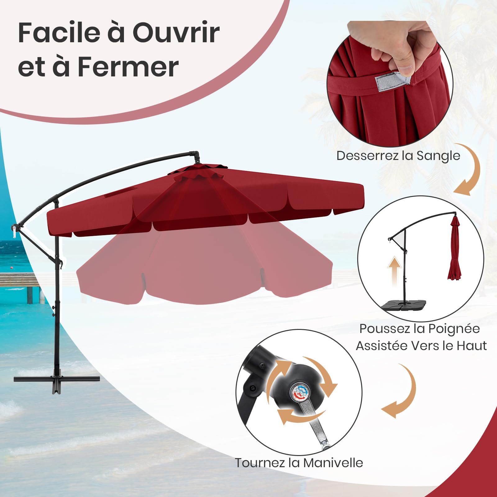 RELAX4LIFE Parasol Déporté Octogonal 305x250cm Rouge avec Housse