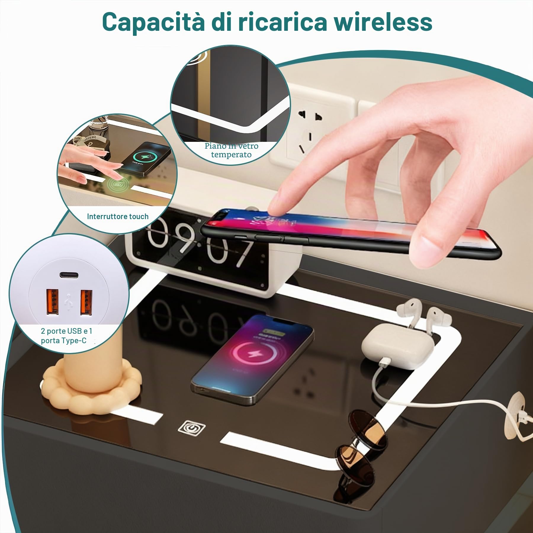 Juego 2 Mesitas Noche Modernas Pack con LED 3 Colores, Estación de Carga 4-en-1, Bluetooth+Sensor, Madera Maciza+Vidrio, 45x40x59cm, Gris Oscuro, per camera da letto