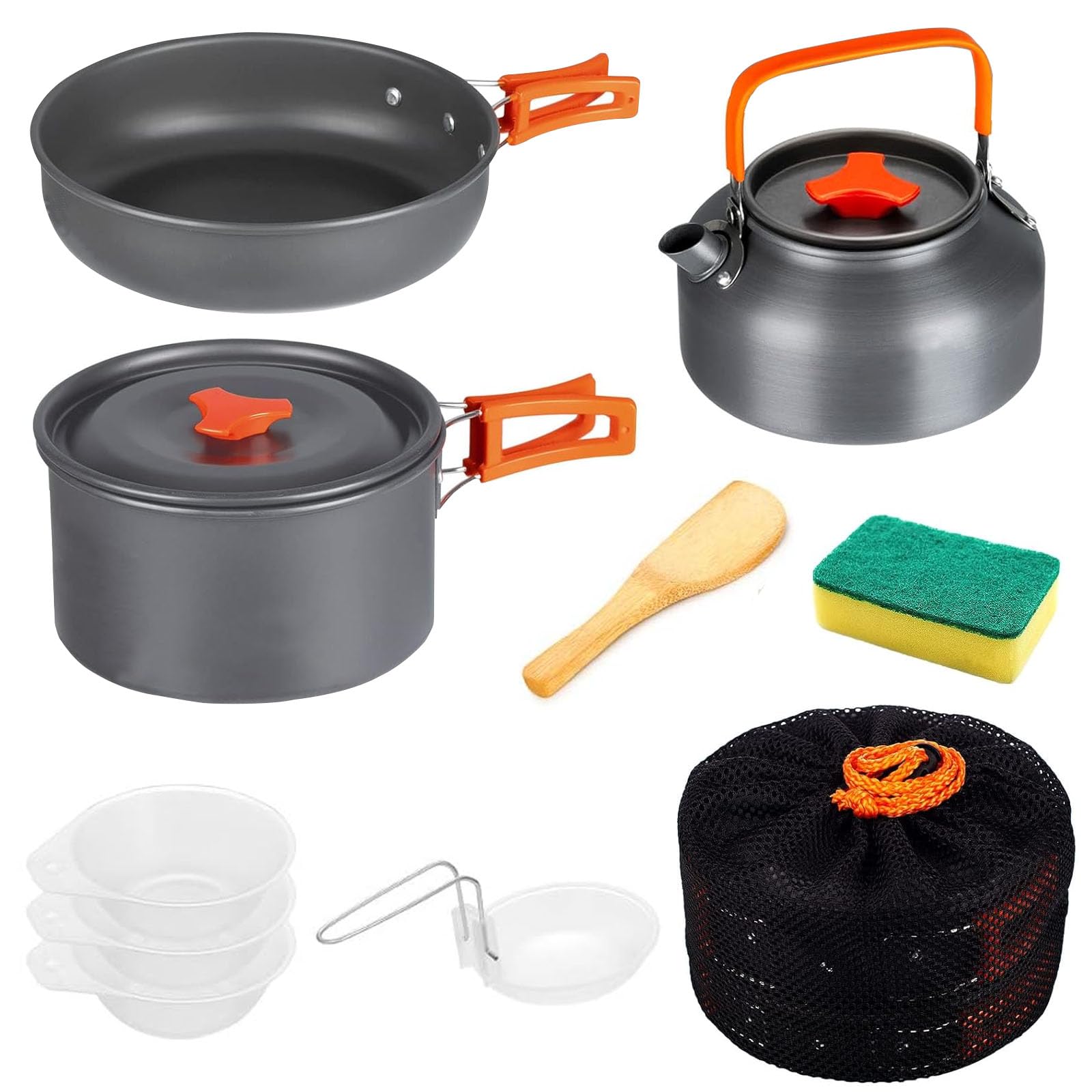 Set di pentole da campeggio, 10 pezzi, portatile, in alluminio, con custodia, set da cucina da campeggio, kit da campeggio, per 3 o 4 persone, campeggio, escursionismo, picnic