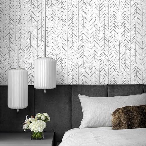 Guvana Papel tapiz de rayas en espiga autoadhesivo gris y blanco, papel tapiz de contacto moderno, impermeable, extraíble, para sala de estar,