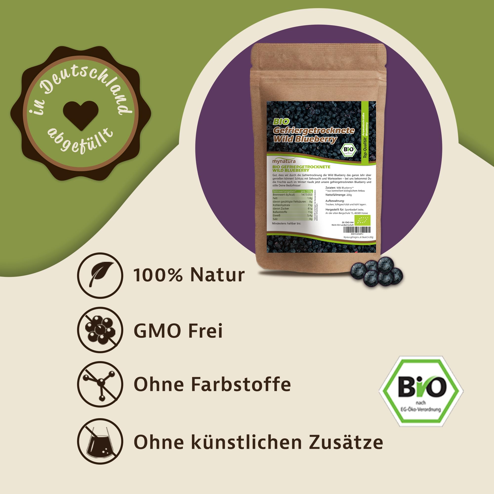 Mynatura gefriergetrocknete Bio Wildheidelbeeren I Heidelbeere I Früchte I Beeren I Naturprodukt I Bio-Qualität I Beutel (2x 200g)