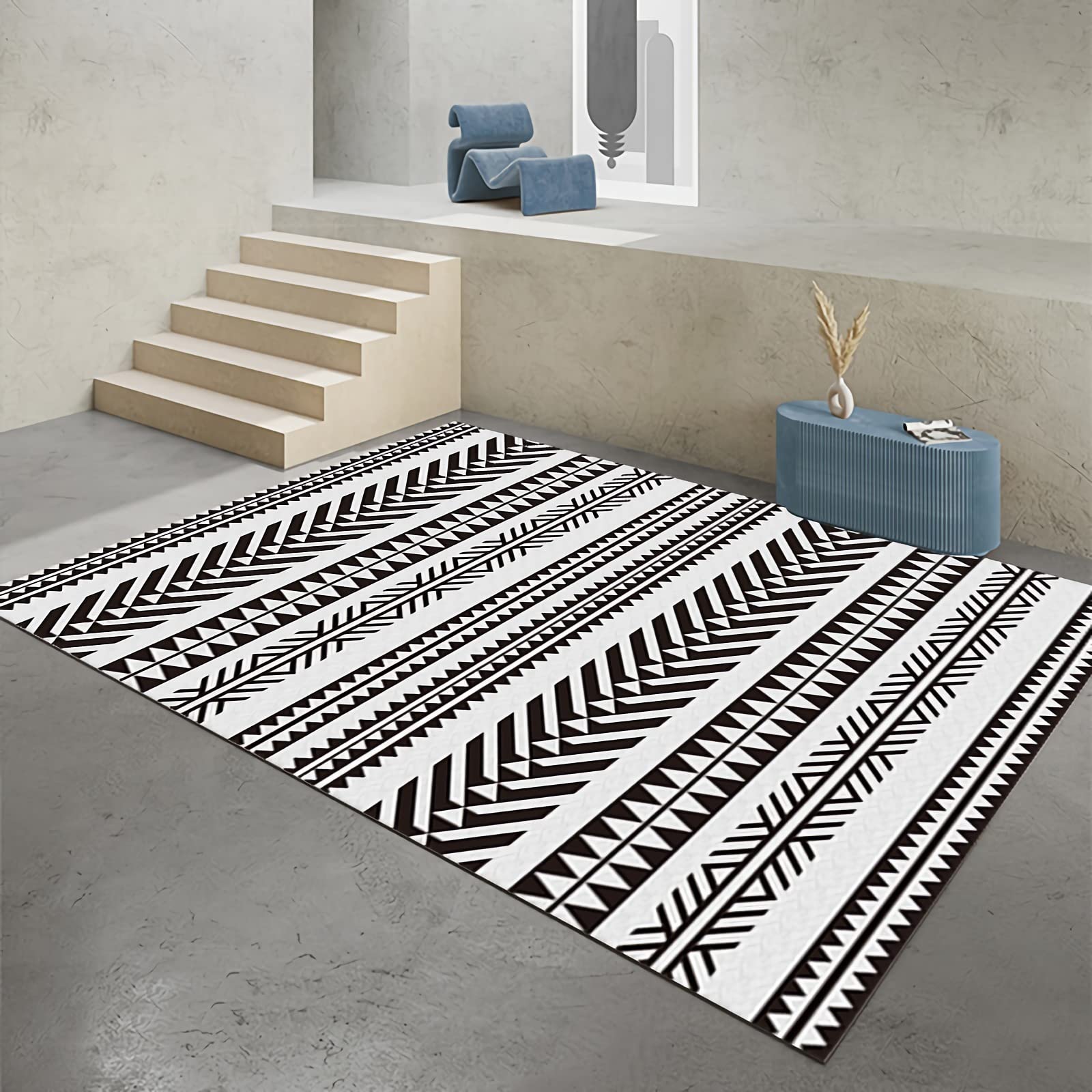 Teppich Zimmer Teppich,Waschbarer Anti-Rutsch-Teppich, Schwarz-weiß Gestreiftes Design Teppich terrasse,Wohnzimmer deko 60x120cm