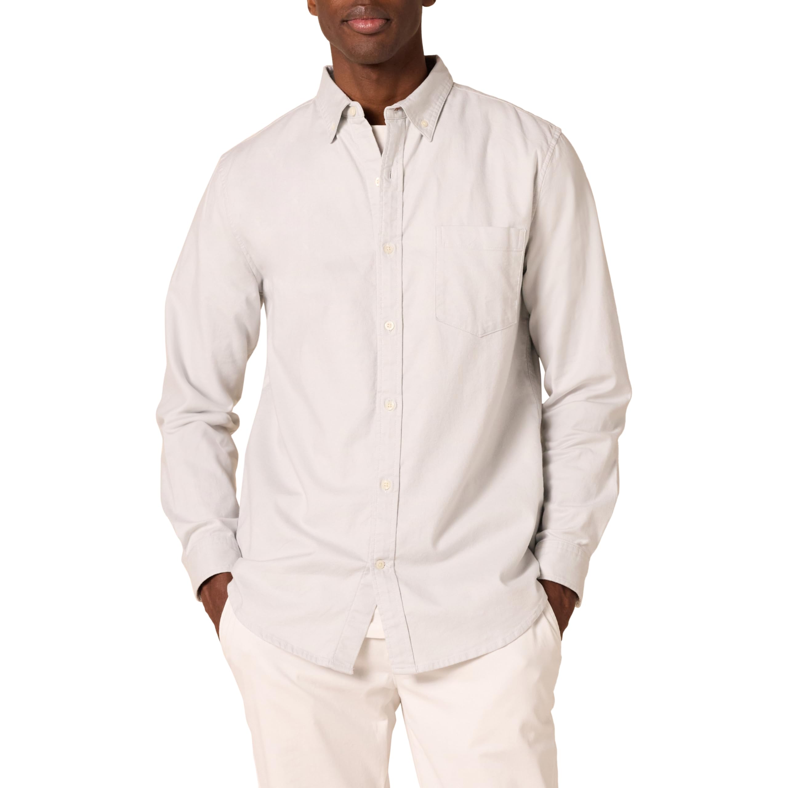 Amazon Essentials Men's Slim-Fit Long-Sleeve Stretch Oxford Shirt with Pocket, Light Grey, Large