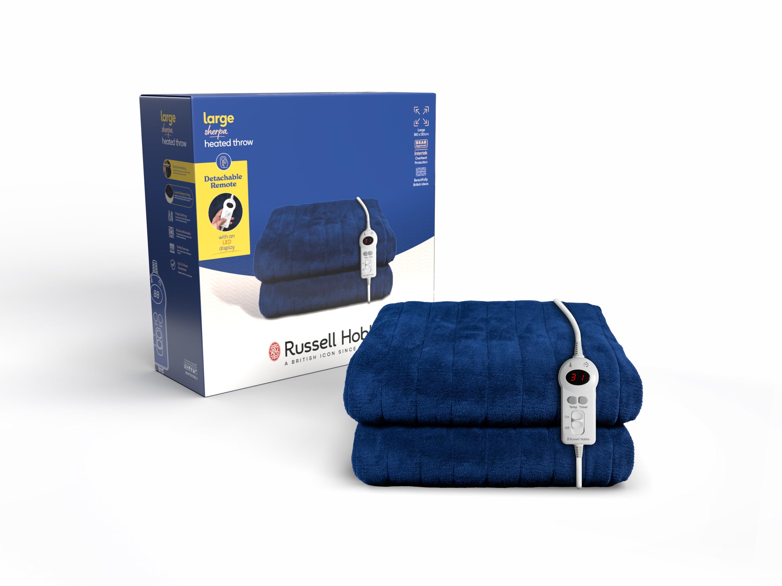 Russell Hobbs Electric Blanket Blue Heated Throw Sherpa & Microfleece 130 x 180 cm with Di...