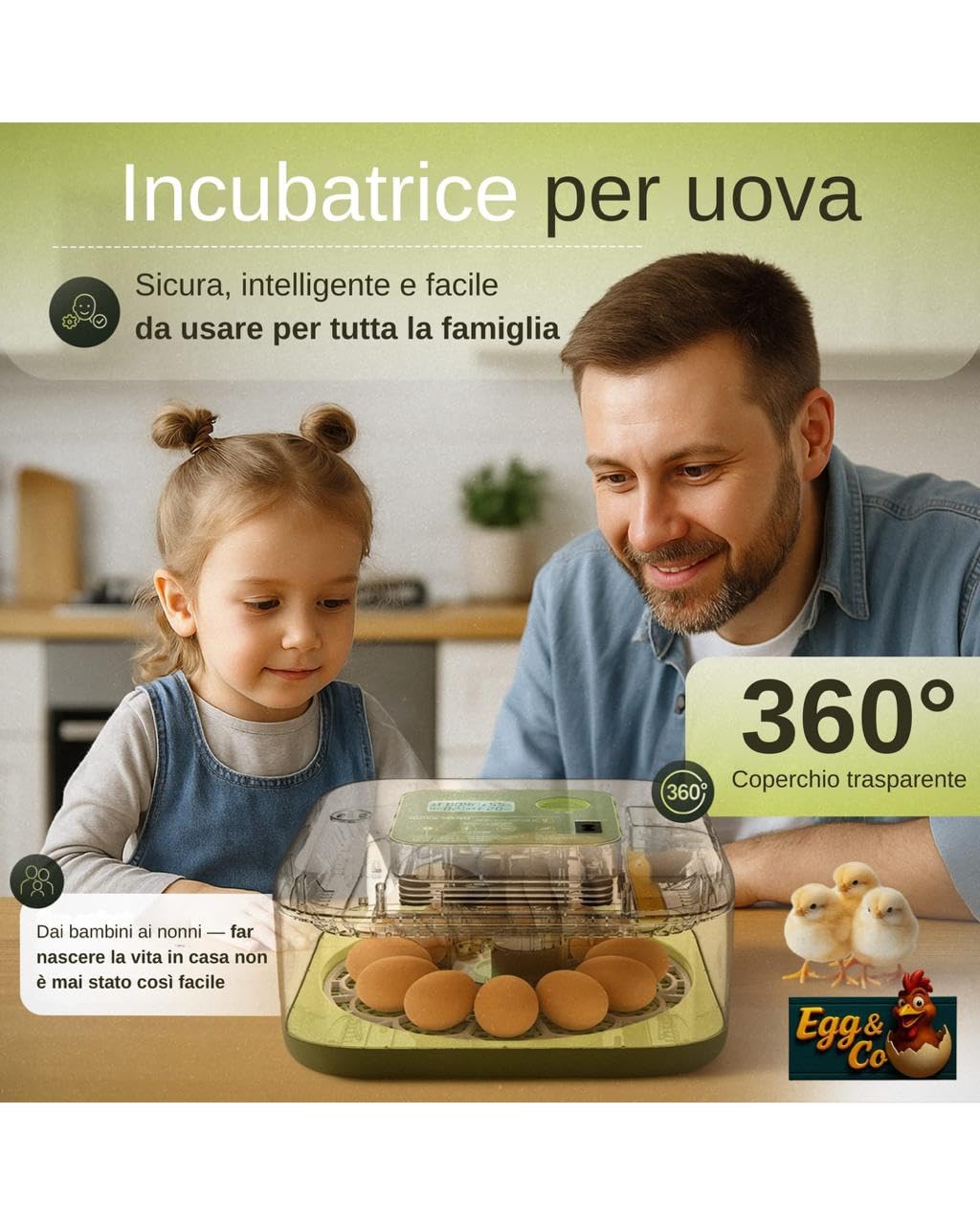 Egg&Co Start 12 – Incubatrice automatica 12 uova gallina (36 quaglia). Controllo umidità preciso, rotazione automatica, flacone e sperauova inclusi. Ideale per principianti ed esperti.