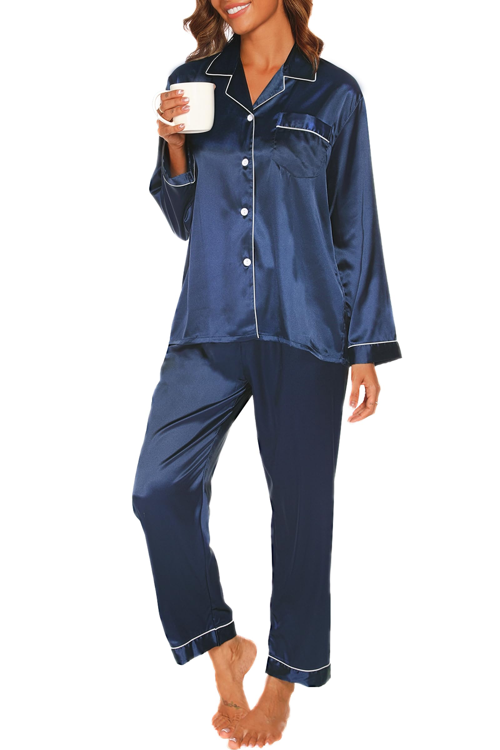 Reliwel Pigiama Donna Estivo Pigiami da Donna Due Pezzi a Maniche Lunghe Pantaloni in Raso Morbidissimo Scollo V Aperto Davanti con Bottoni e Borse Laterali