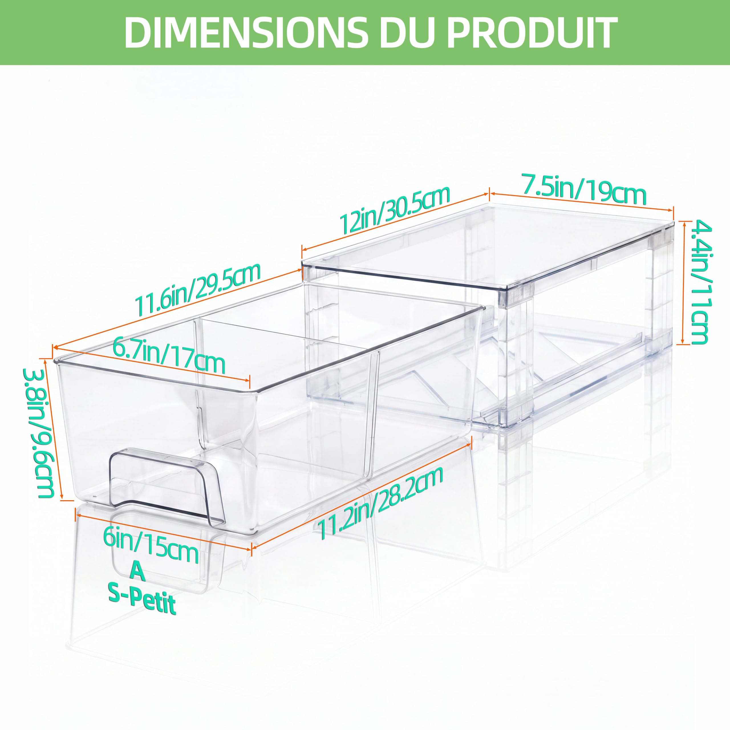 Lot de 2 Tiroirs de Rangement Empilables Transparent Petit Modèle, Organisateurs Acrylique avec Poignées, pour Réfrigérateur, Salle de Bain, Cuisine, Placard, Rangement Garde-Manger