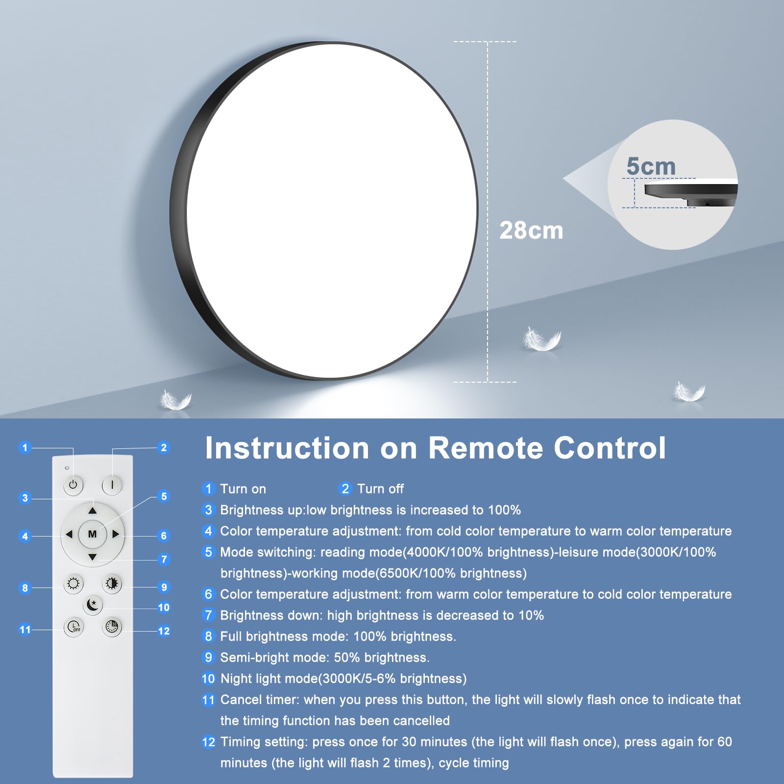Plafoniera LED Soffitto Dimmerabile 24W [2 Pezzi] | Lampada da Soffitto con Telecomando Plafoniera Bagno IP44 Impermeabile Ø28CM 2000LM per Cameretta/Cucina/Soggiorno
