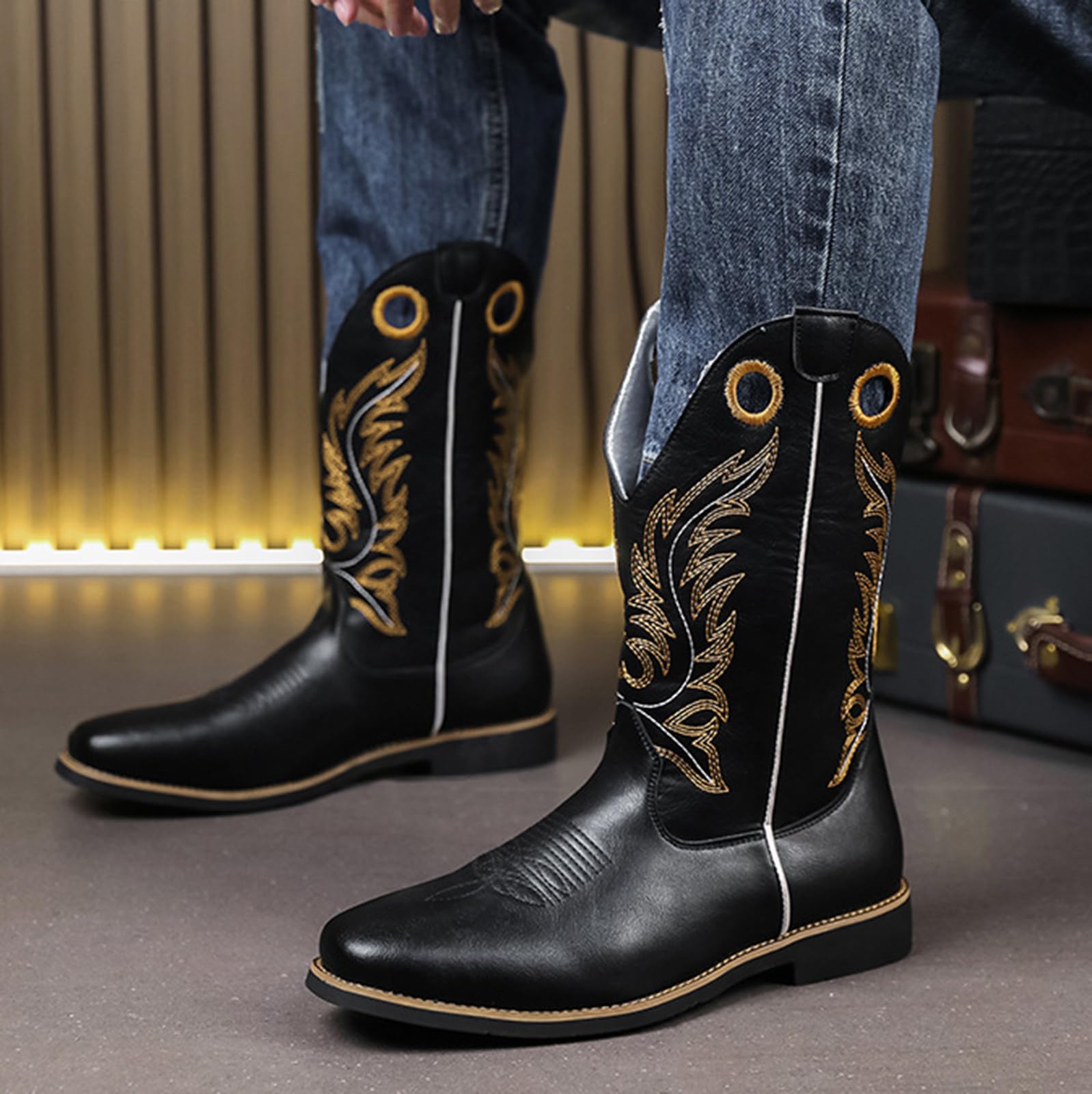 Stivali da Cowboy Uomo Stivali Western Ricamati Retro | Stivali da Equitazione Pelle Sintetica Punta Tonda Comodi Suola in Gomma Antiscivolo Stivali Country Casual Moda