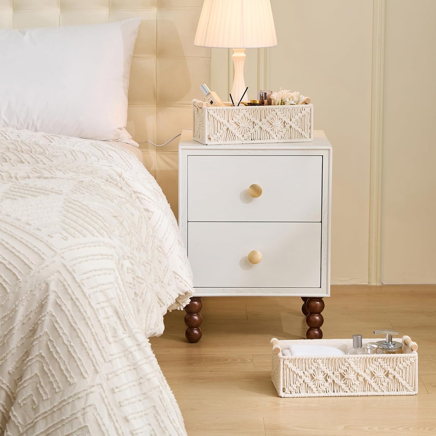 JOLINE Macrame Storage Baskets Boho Decor Box Handmade Woven Decorative Countertop Toilet Tank Shelf Cabinet Organizer for Bedroom Livingroom Home Set of 2 (Ivory)