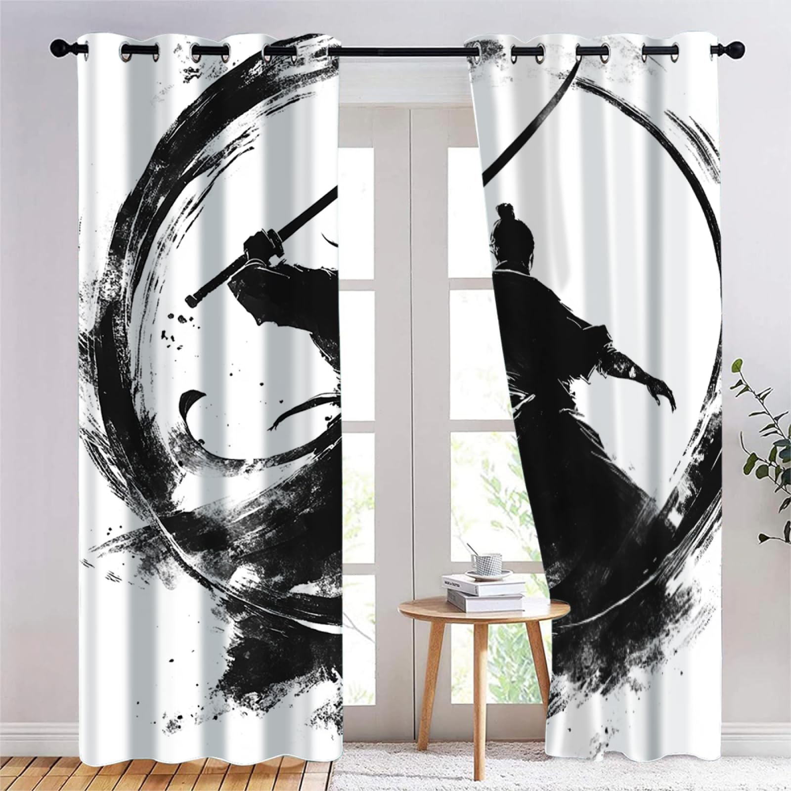 Schwertkämpfer Blickdichte Vorhänge, Samurai mit Schwert Wohnzimmer Schiebevorhänge, Schwarze Silhouette Kinderzimmer Vorhänge, Minimalismus Ösen Verdunkelungsvorhänge B140 x H220cm 2 Paneele