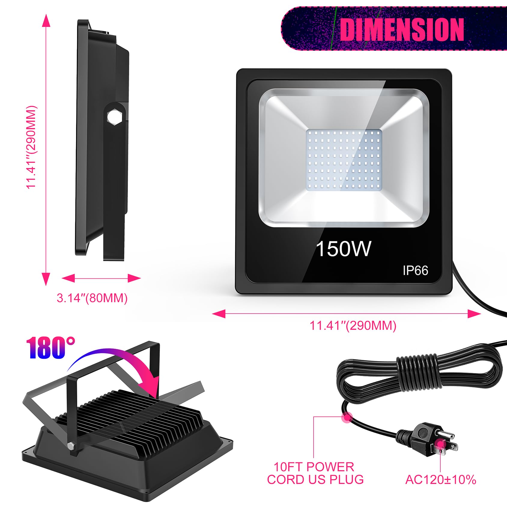 LED Black Light with Glow Tapes, 410nm UV Flood Lights with 10ft Cable & Plug, IP66 Waterproof, for Halloween Glow Party, Stage, Aquarium, Body Paint, Fluorescent Poster, 120V: 150W