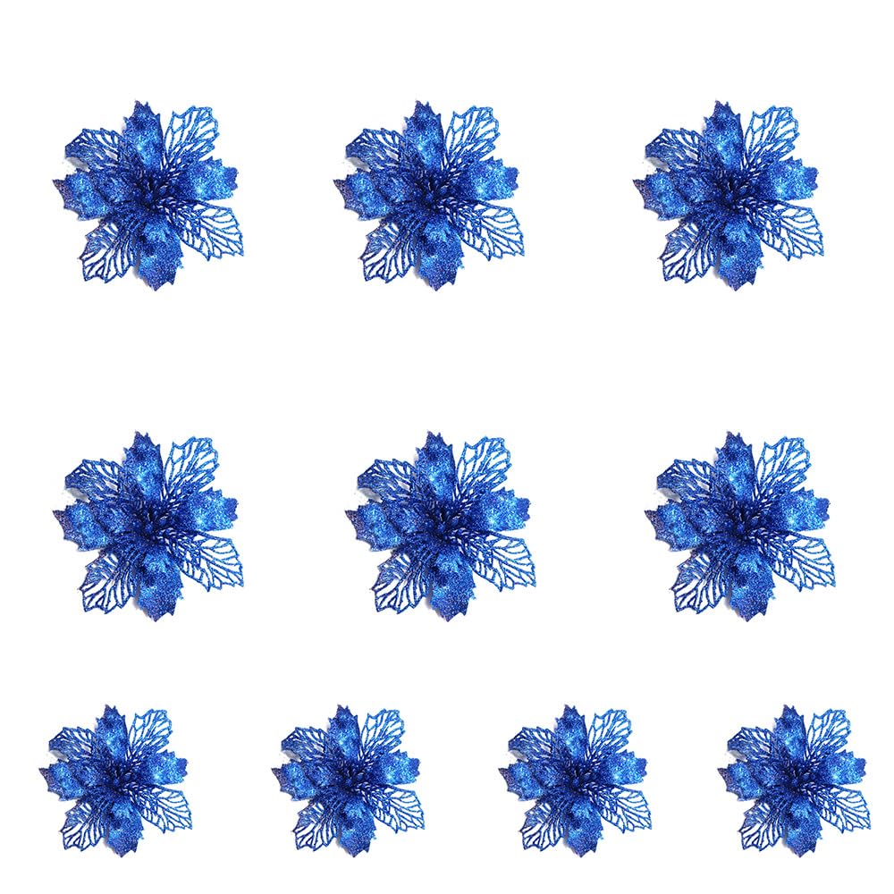 LEMCC 10PCS Artificial Poinsettia Christmas Flowers Decorations with Clips Blue Poinsettia Flowers Glitter Christmas Tree Ornaments for Xmas Wedding Party Wreath DIY 11cm/4.3inch