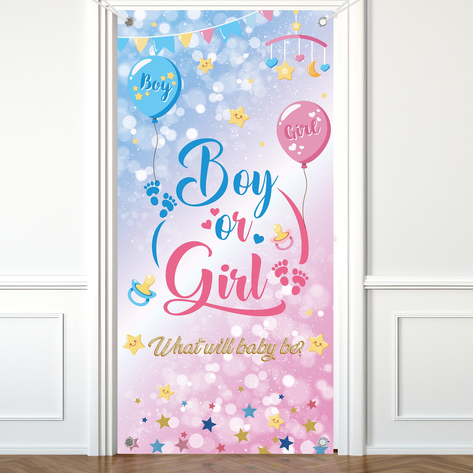 Baby Gender Reveal Decoration Banner - Blue Pink Boy or Girl Door Banners Ballons Triangular Flag Star Theme Photo Booth Props for Boys Girls Baby Outdoor Reveal Ceremony Party Supplies (185 * 90cm)
