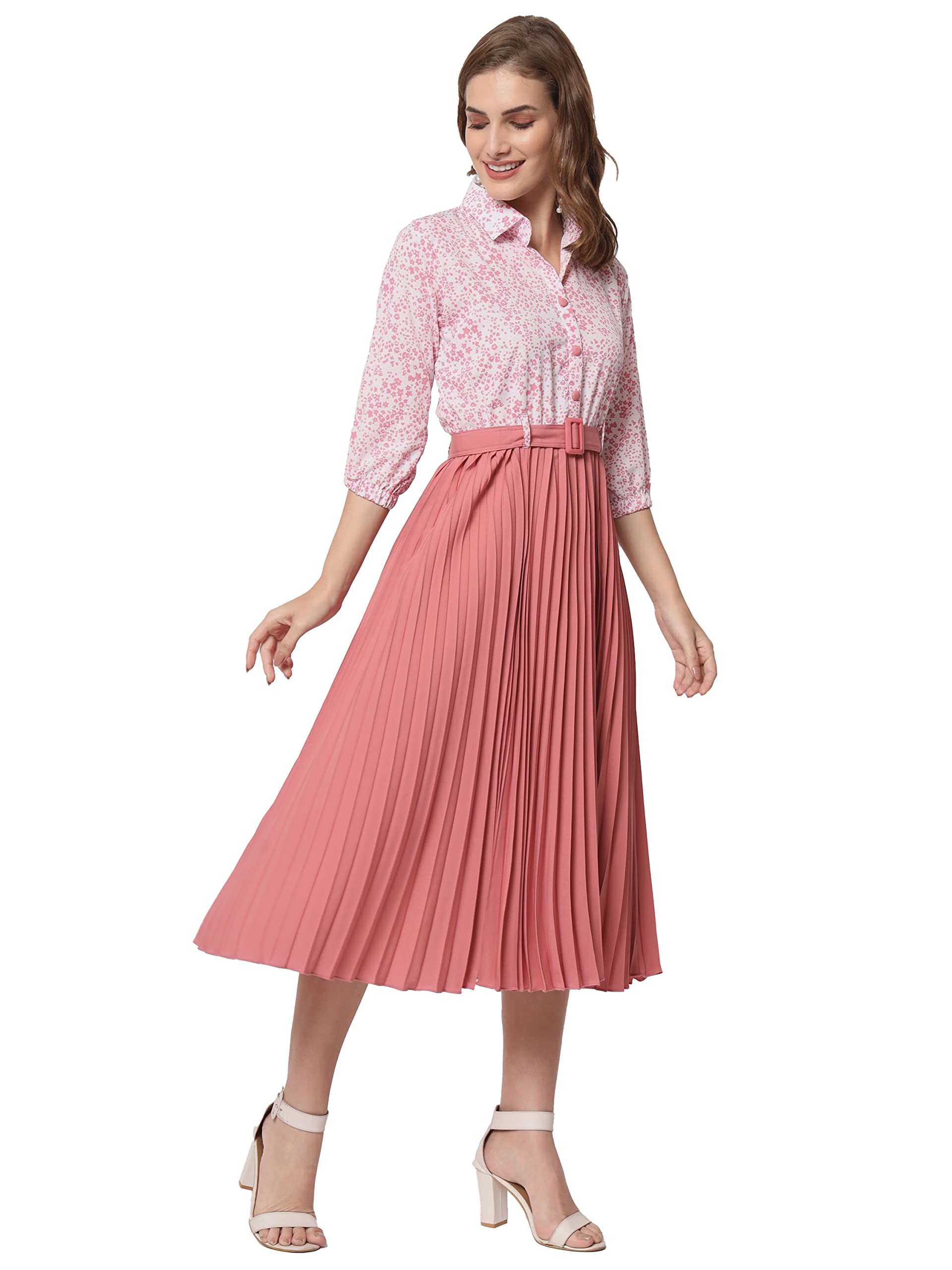 otabu Women's Print 3/4 Sleeve Pleated Midi Dress with Belt-picture-47