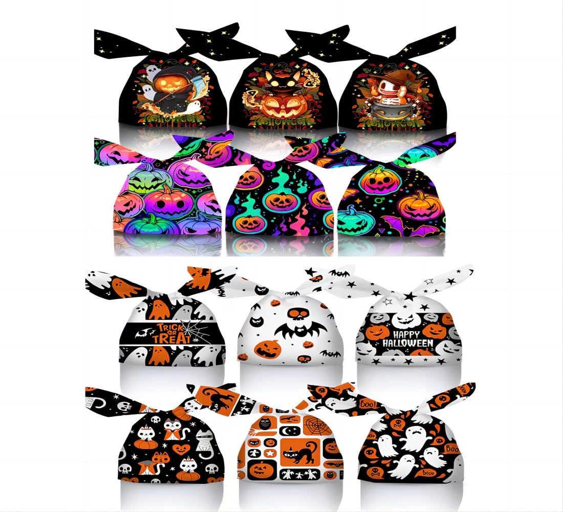 NAHOPI 200Pcs Halloween Treat Bags, Trick or Treat Bags，Cute Rabbit Ear Clear Pumpkin Goodie Bags