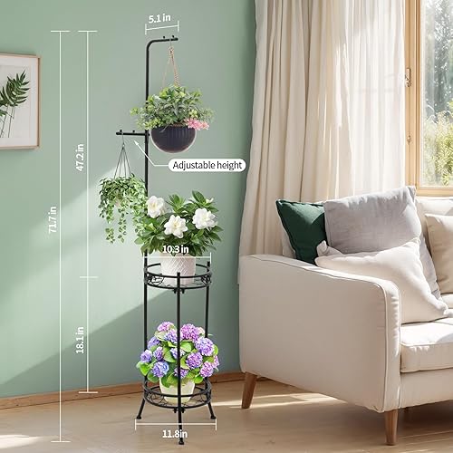 Miniatura 2 de Soportes ajustables de metal para 4 macetas, 2 niveles de 72 pulgadas de alto, para interiores y exteriores, estante resistente con colgadores,