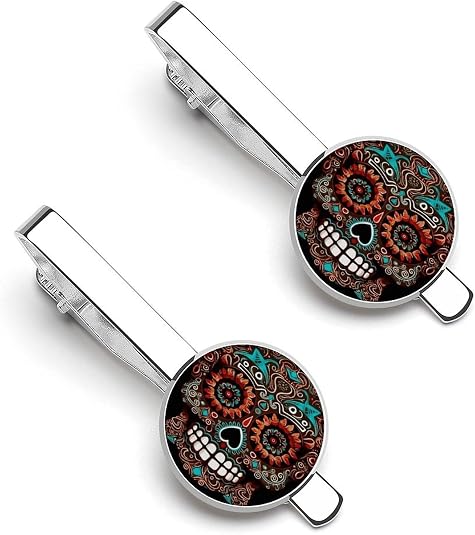 Sugar Skulls Day of The Dead Tie Clips For Men 2Pcs Tie Bar Pin