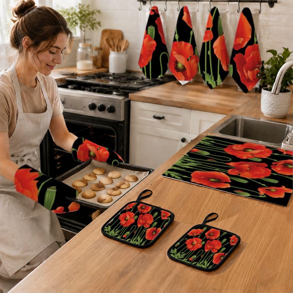 9PCS Bella Red Poppies4 Cucina Decor e Accessori Set