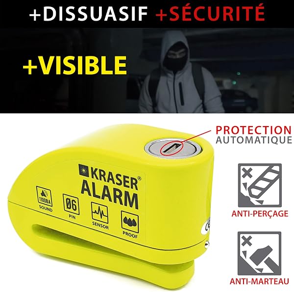 KRASER KR6Y Antivol Moto, Bloque Disque Alarme 110db, Renforcé, 3 clés (2 autres) Serrure Haute Sécurité, Étanche, Câble Rappel 1.5m, Sac, Piles Rechange, Bloc Frein 6mm Universel Moto Scooter Vélo - 3