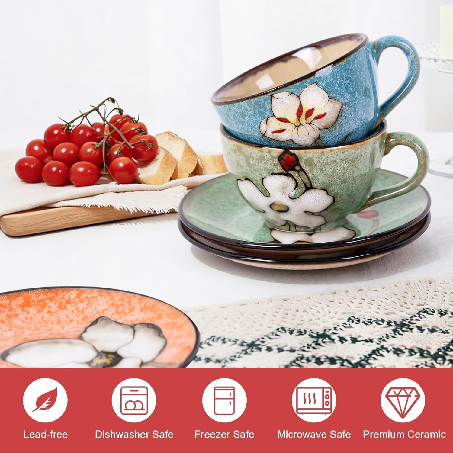 Cappuccino-Tassen, 4er-Set, 237 ml, florales Porzellan, Kaffeetassen für Zuhause, Küche und Büro, perfekt für Espresso, Latte, Americano, Milch und Tee