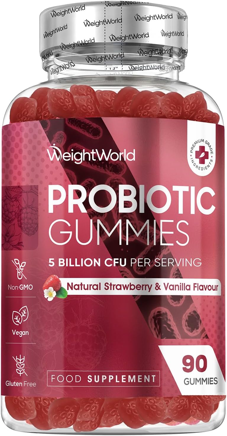 Vegan Probiotic Gummies with Prebiotic - 45 Days Supply (90 Gummies) - Natural Strawberry & Vanilla Flavour - Spore-Forming Bacillus Coagulans Strain & Prebiotic Fibre Inulin - for Men & Women
