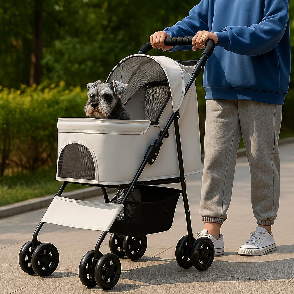 BAKAJI Passeggino per Animali Domestici Carico Massimo 30kg, Carrozzina per Cani e Gatti Pieghevole e Salvaspazio con Cestello Portaoggetti e Ruote Bloccabili, Cappottina Protettiva Anti UV (Grigio)