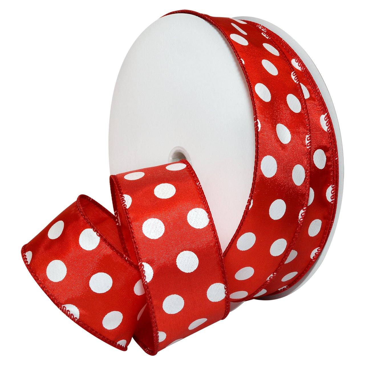 Morex Ribbon 7420.40/50-609 French Wired Holiday Dots Polyester Ribbon, 1 1/2"/50 yd, Red/White