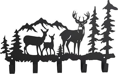 Qobumy Ganchos de metal para abrigos, decoración artística de ciervos y llaves, perchero para ropa, sombreros y mochilas, ganchos con temática de