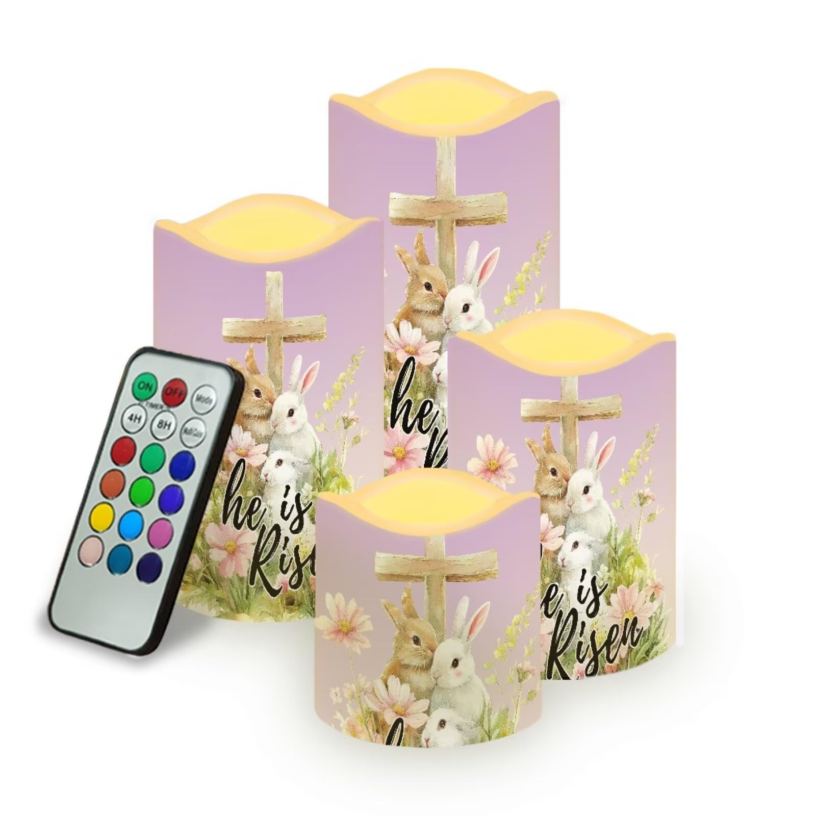 Bunny and Cross Plastic Flameless Candles with Remote Control and Timer LED Flickering Battery Operated Color Changing Electric Pillar Candles Easter Decoration
