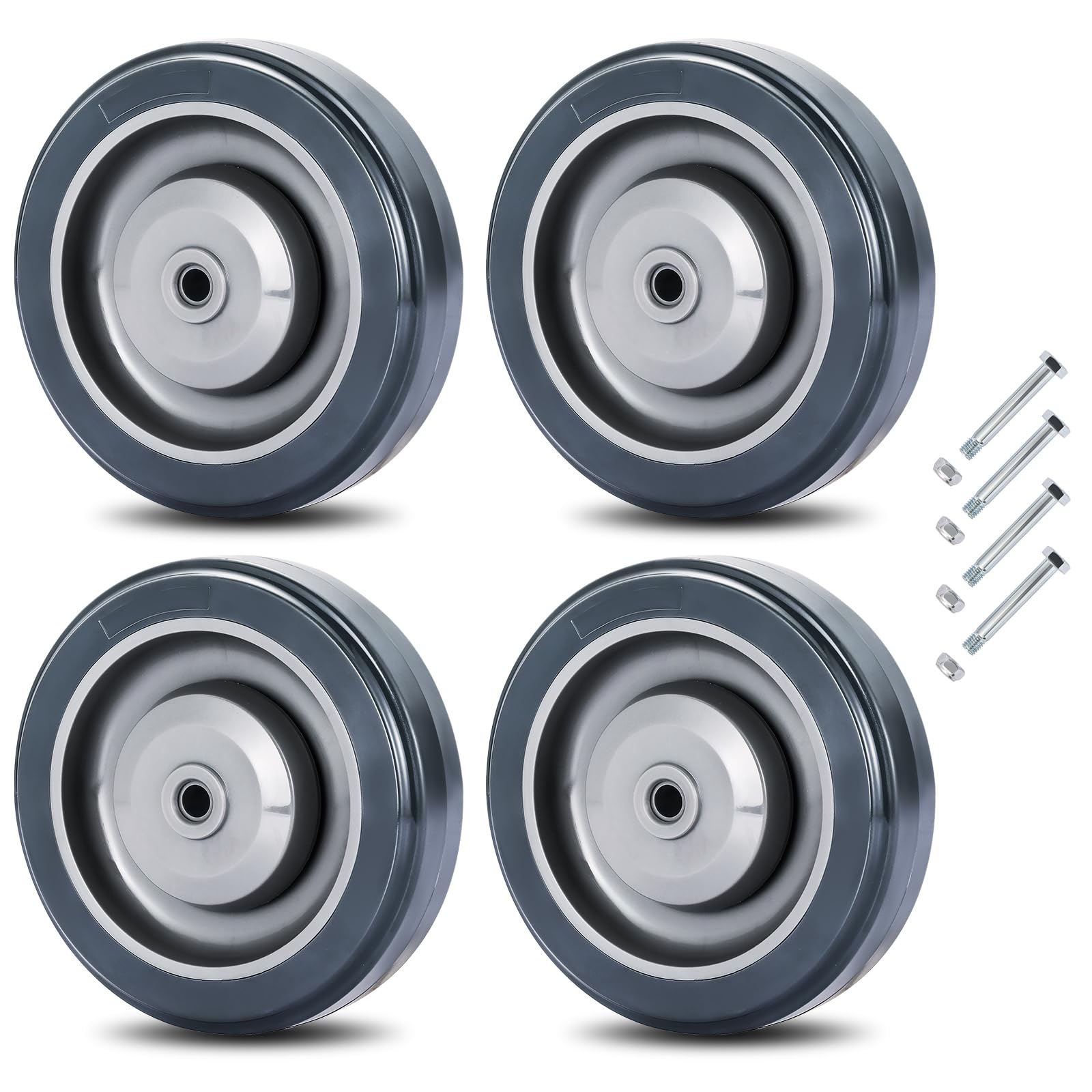 FLKQC 4 Pack Shopping Cart Replacement Wheels Kit 5-inch Diameter Wheels with Axles Bolt, Polyurethane Stepped and Full Tread Face w/Double Ball