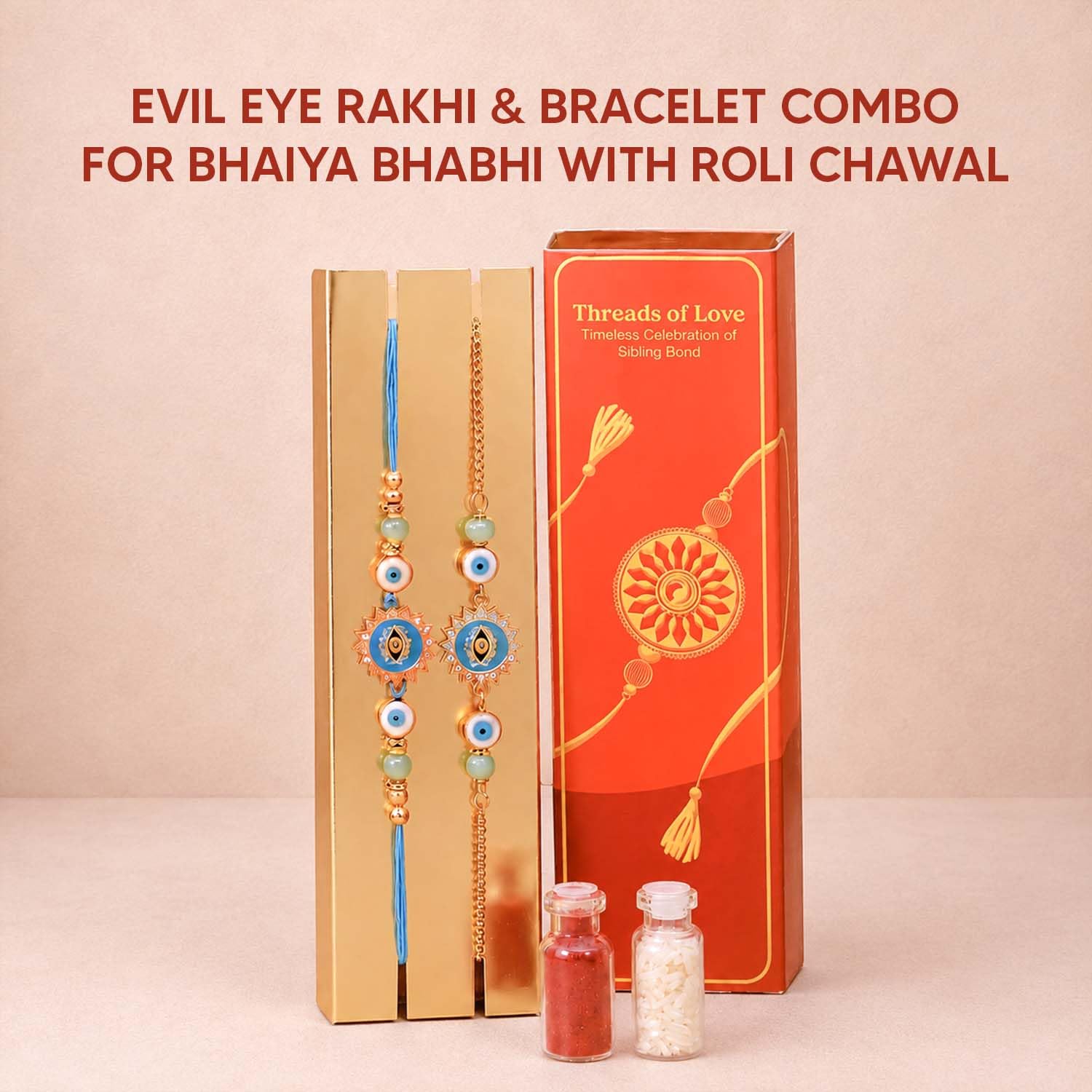 Pyaar Ka Pitara 14-Item Rakhi Gift Hamper for Brother and Bhabhi - Bhaiya Bhabhi Rakhi Set, Evil Eye & Lumba Rakhi, Roli-Chawal, Dry-Fruit Laddoos, Choco-Nuts, Candles, Mukhwas, Tea & more 1