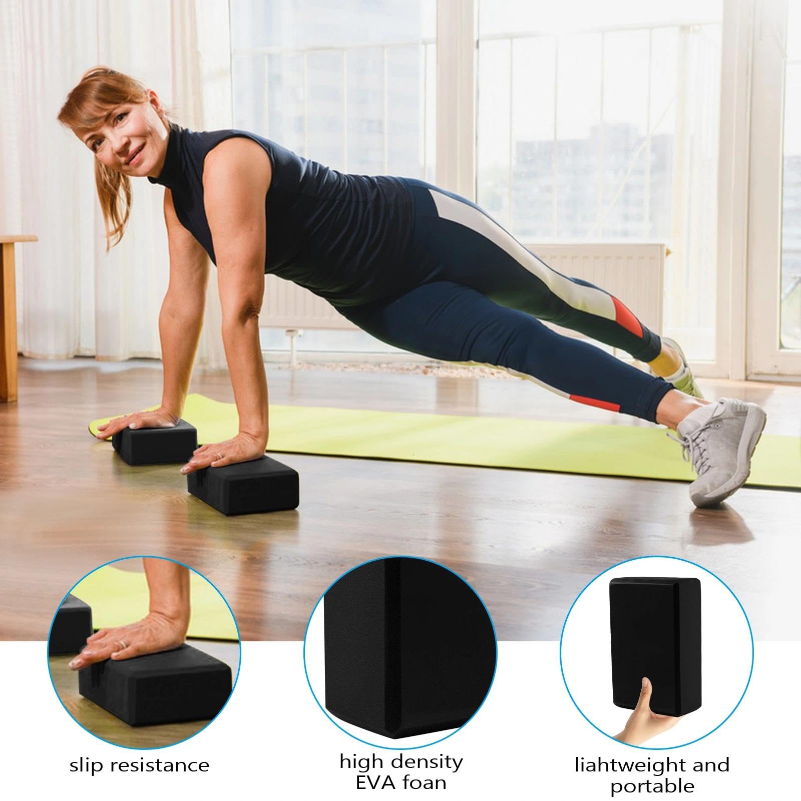 Mattoncini Yoga,2 Pezzi Yoga Blocks,Mattoncino In Schiuma EVA, Grandi Dimensioni: 23 X 15 X 7,5 Cm, Adatto Per Pilates, Fitness, Allenamento Della Forza, Stretching (nero)