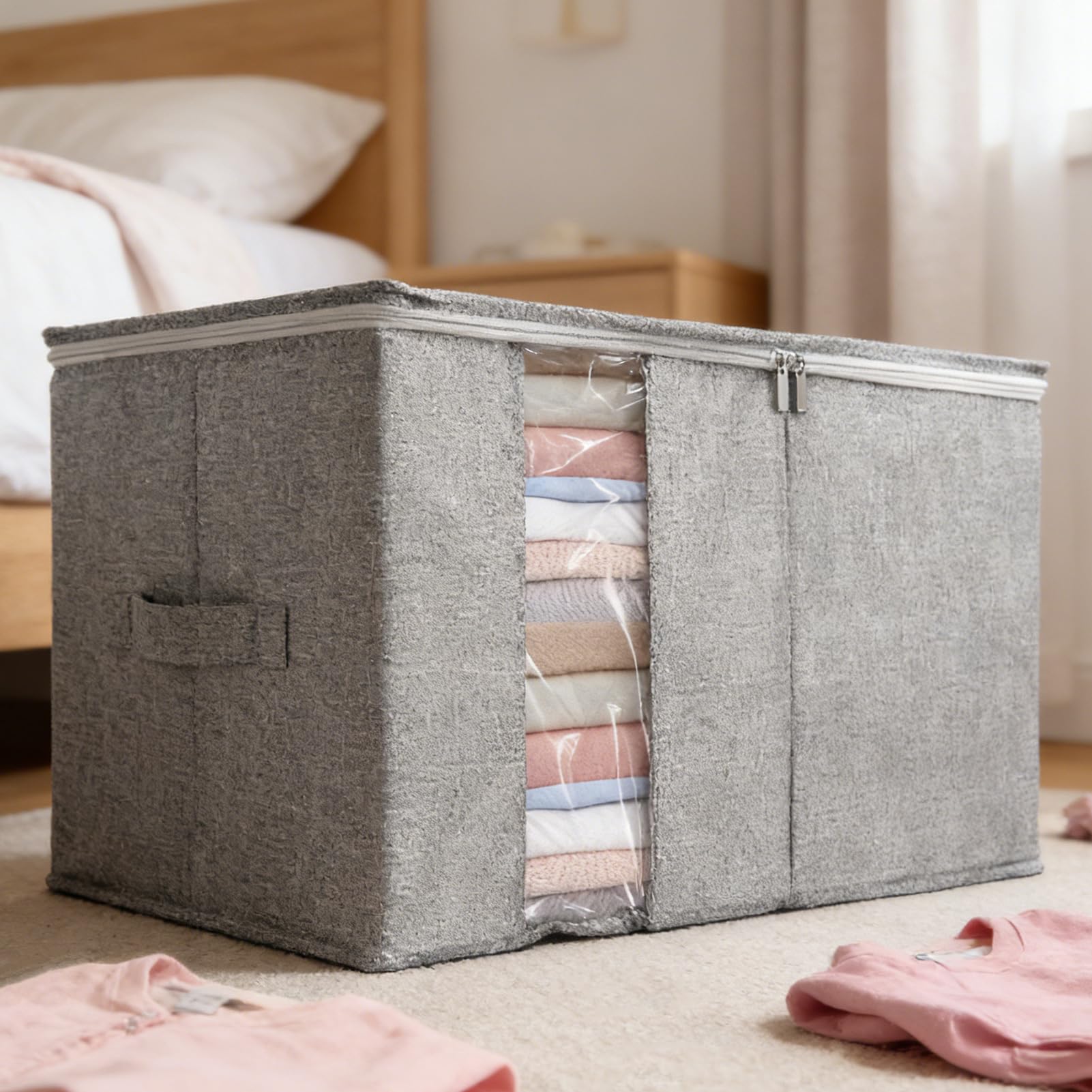 Contenitore per vestiti, organizer pieghevole con finestra trasparente, grande capacità, in tessuto non tessuto per un uso a lungo termine, contenitore con design visibile, organizer per la casa per