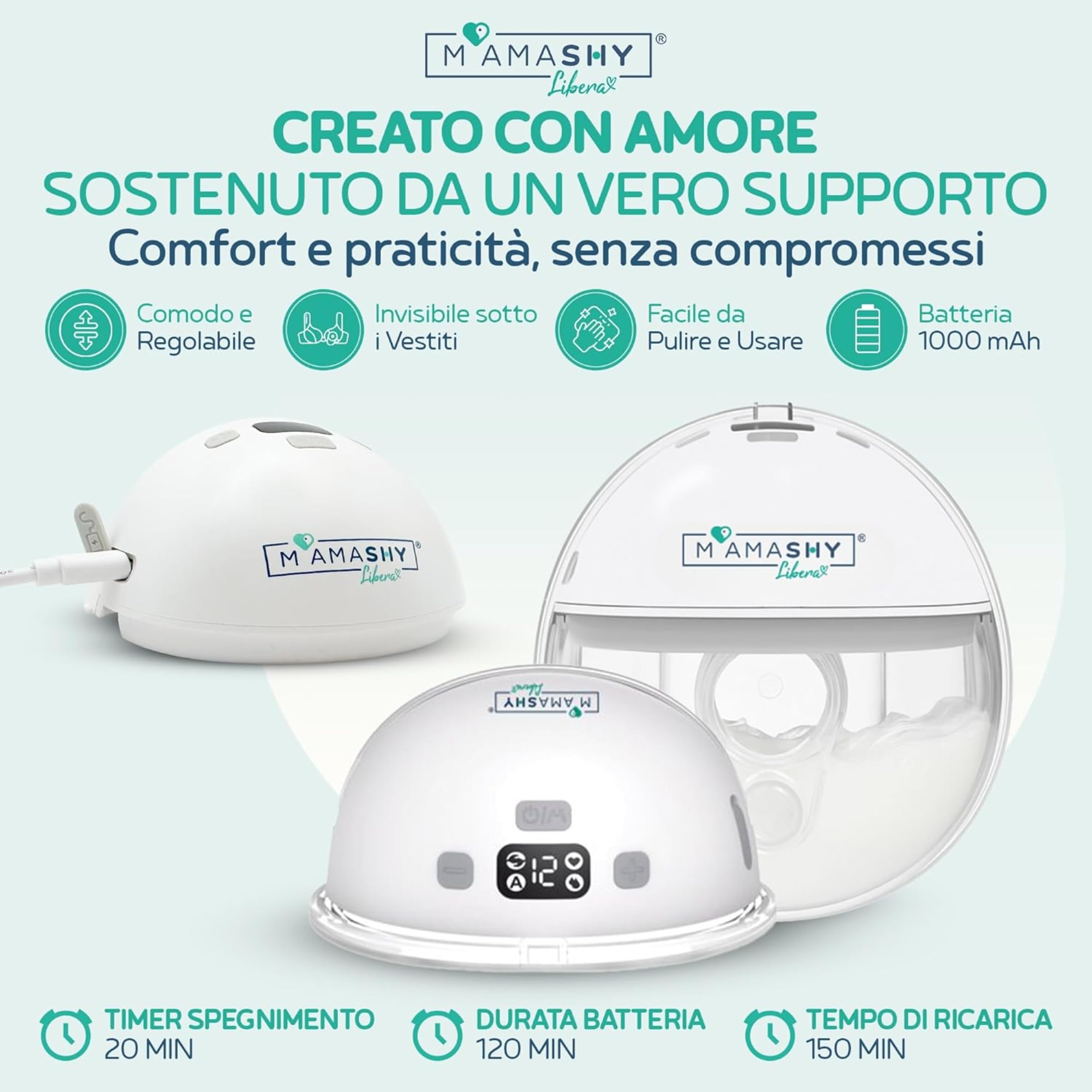 MAMASHY Libera – Tiralatte Elettrico Portatile e Silenzioso con 6 Taglie, Ricaricabile USB‑C, 5 Adattatori Silicone BPA‑Free, Perfetto per Allattamento Neonati, Accessori Inclusi